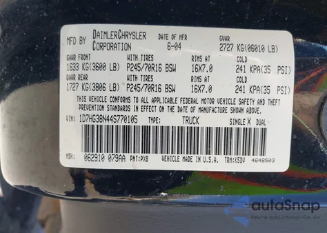 2004 Dodge Dakota Sport/Sxt from USA, damaged, VIN 1D7HG38N44S770105